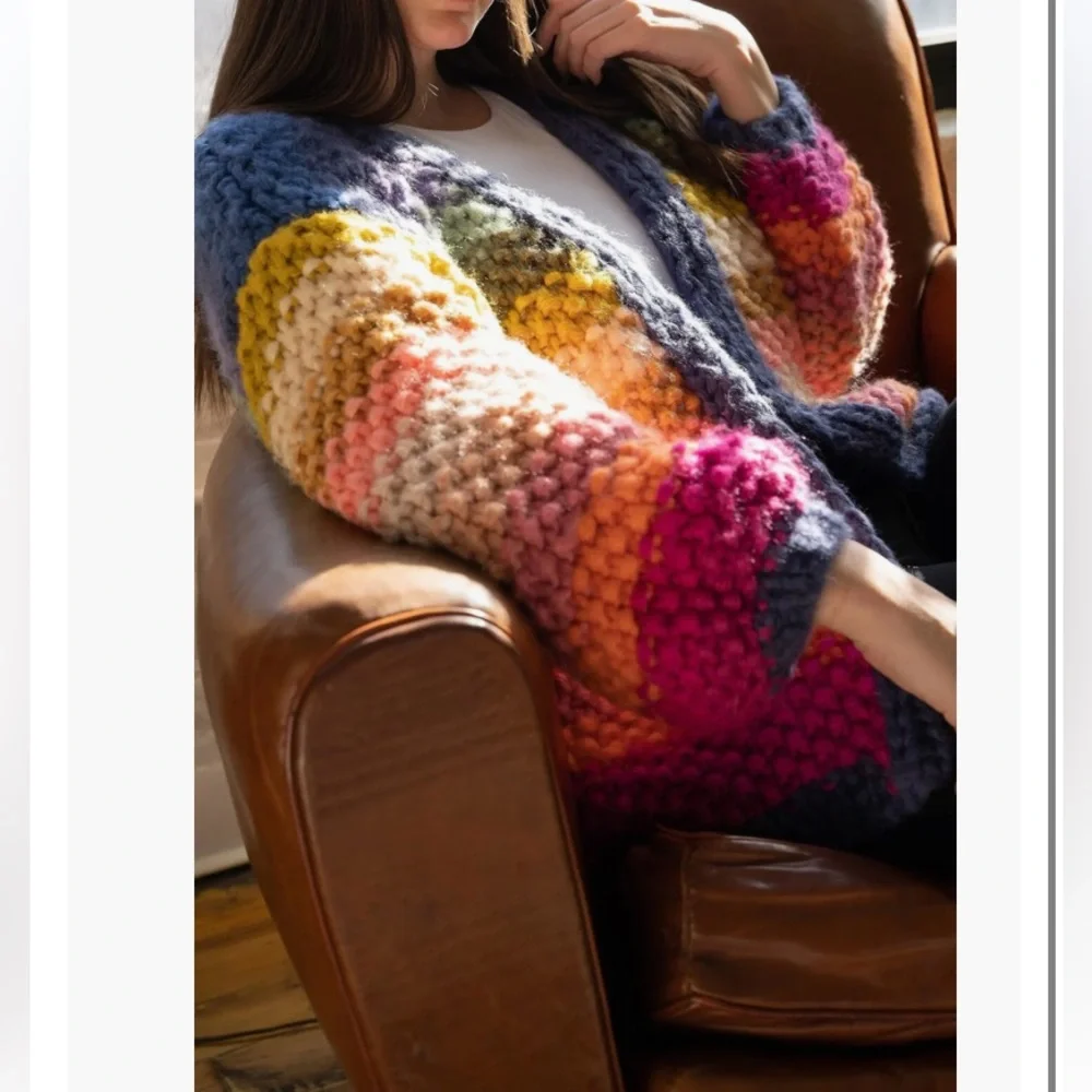 SAACHI Multicolor Chunky Knit Striped Cardigan - Blue, Pink, Yellow - Picture 7 of 13